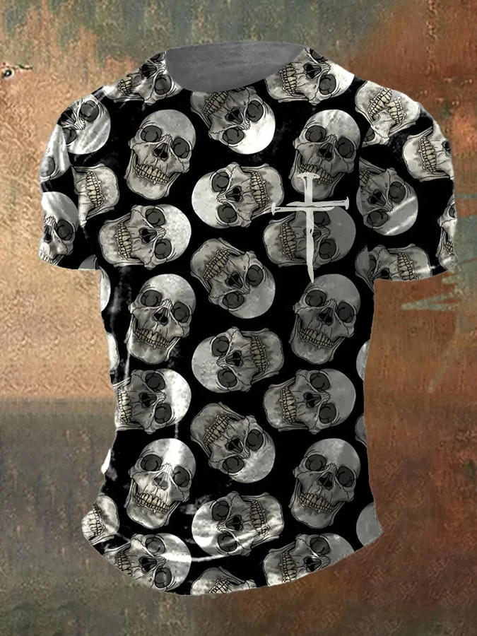 Men's Dark Skull Print Crew Neck T-Shirt