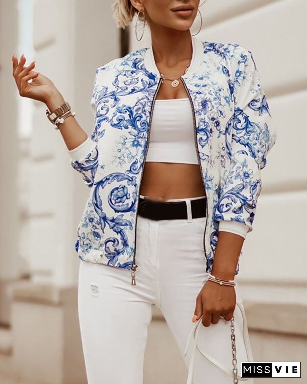 Colorblock/Floral/Leaf Print Zipper Decor Coat