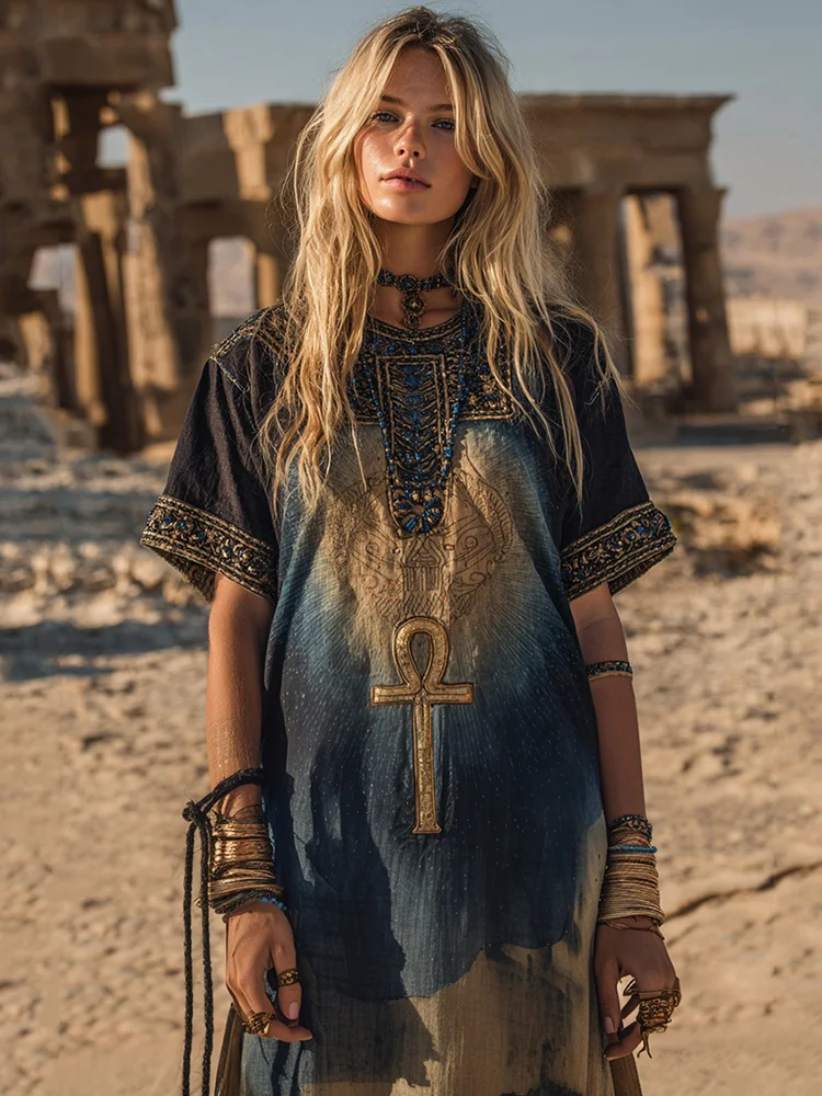 Ancient Egyptian Ankh Embroidered Gradient Cotton And Linen Short Sleeve Maxi Dress