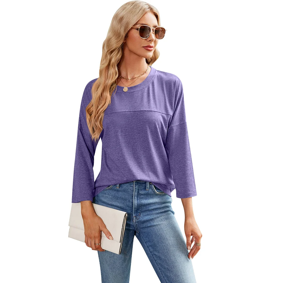 Uveng Solid Color Casual Sleeve Round Neck Blouses