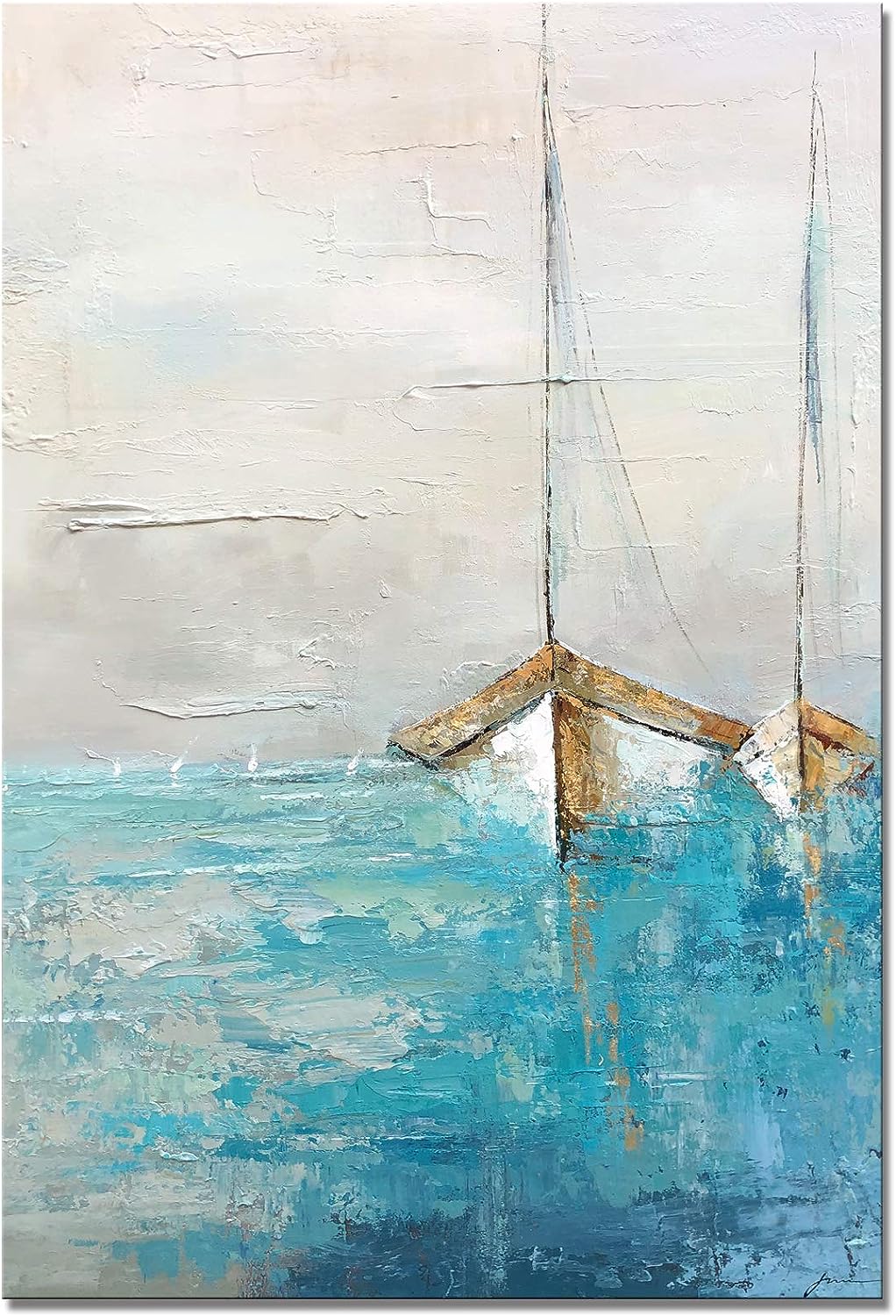 Yihui Arts Ocean Canvas Wall Art - Abstract Beach Paintings with Textured and Gold Foil - Teal Coastal Pictures - Sailing Boat Artwork for Living Room Bedroom Decor Sail Boat