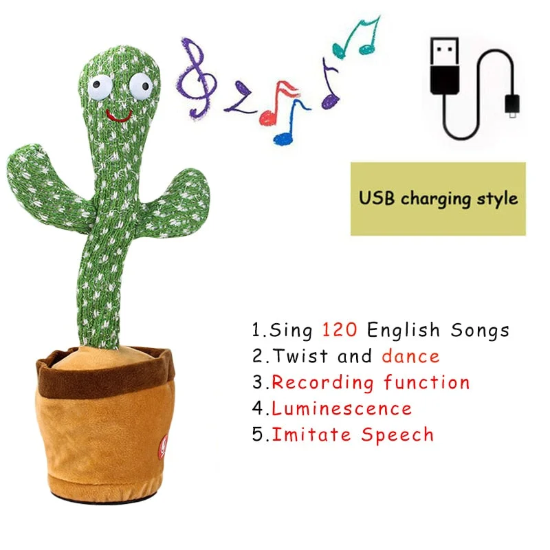 Bluetooth Dancing Cactus Talking Toy Electronic Plush Toys Sing Record Lighten Battery USB Charging Early Education Funny Gift