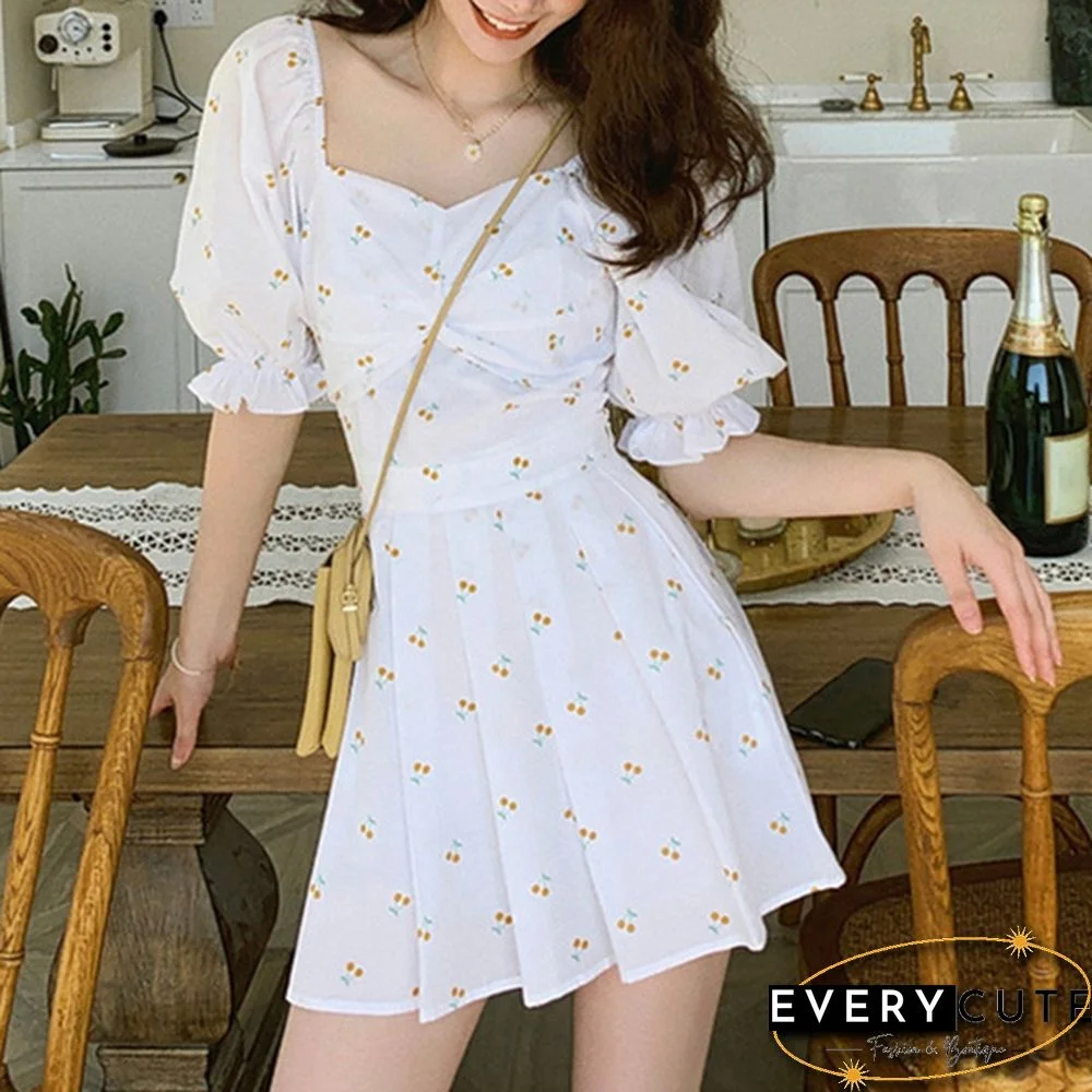 Summer Women's Sexy Low-Cut Puff Sleeve Floral Print White Mini Dress Plus Size Korean Fashion Short Pleated Dress