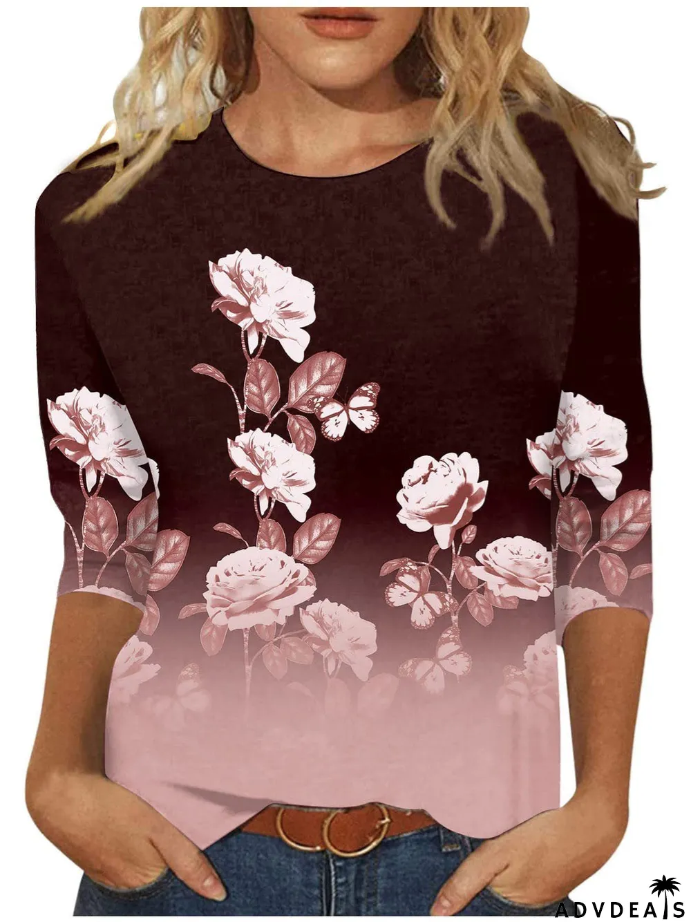 Women's Graphic Pattern Solid Color Scoop Neck 3/4 Sleeve Top