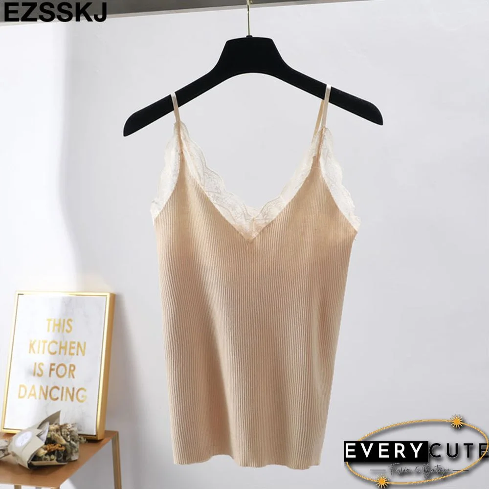 Sexy Basic Lace Camisole Summer Knit Tank Top Women Adjustable Strap Camisole Female Camis High Elasticity Top Casual