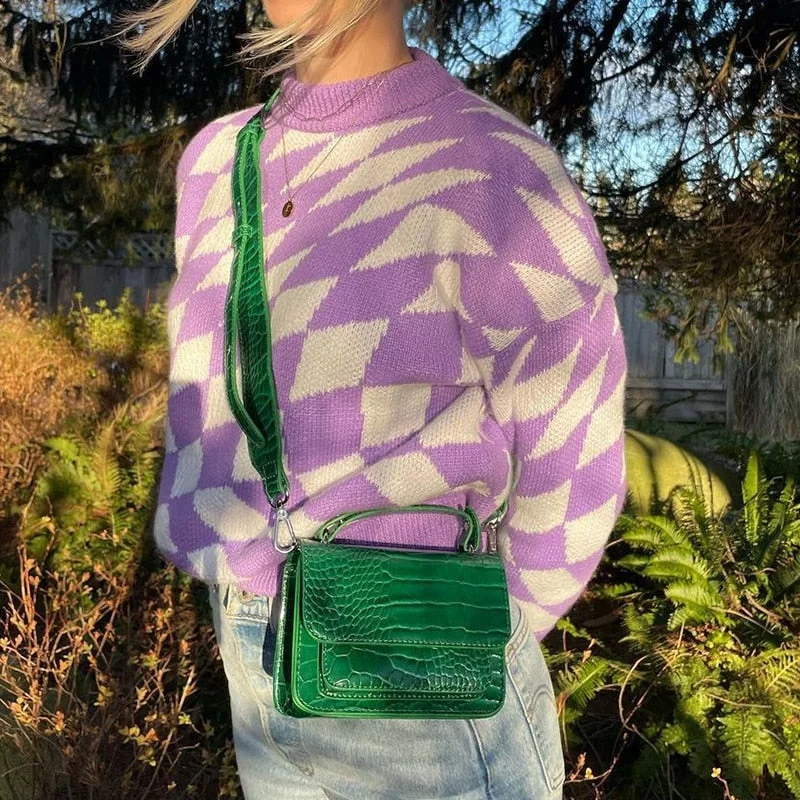 Autumn Plaid Print Y2K Knitted Pullovers Women Vintage Aesthetic Chic Cute Sweaters Harajuku Loose Knitwear Retro Cuteandpsycho