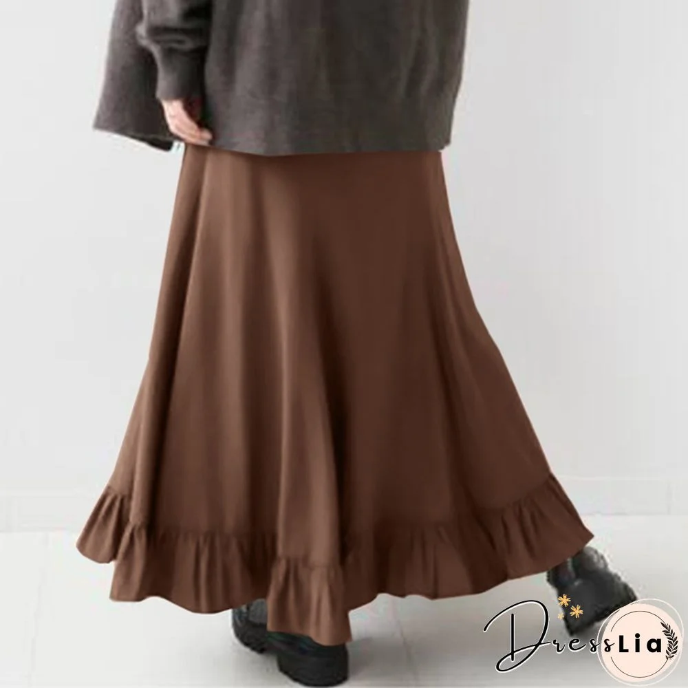 Stylish Women Vintage High Waist Loose Long Skirt Ruffled Hem Summer Skirt Dress