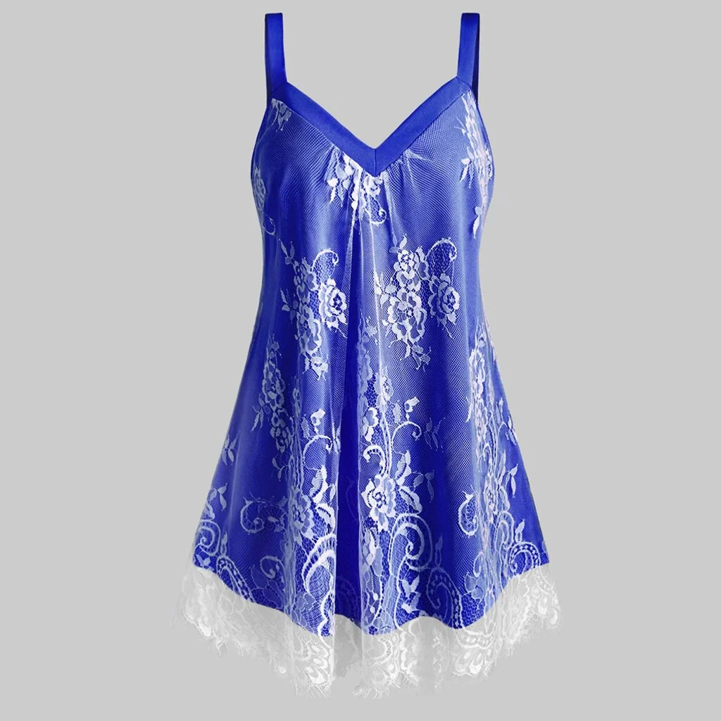Plus Size Fashion Lace Mash Blouse Sexy Loose V-Neck Strap Tops Casual Summer Ladies Top Female Women Sleeveless Blusas Pullover
