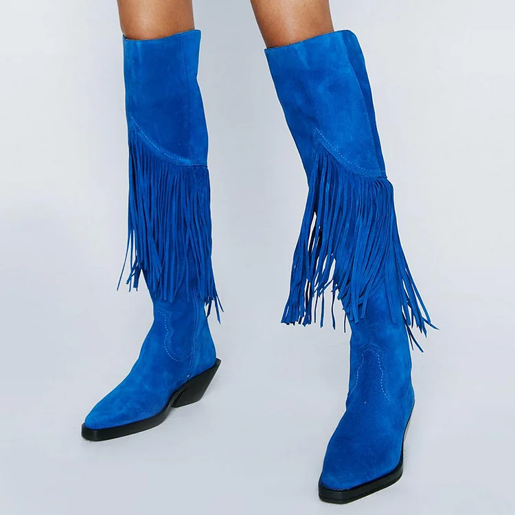 Royal Blue Vegan Suede Fringe Knee High Cowgirl Boots With Chunky Heel |FSJ Shoes