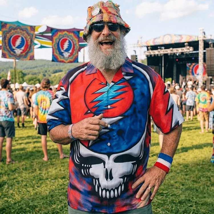Vintage Grateful Dead Skull & Bear &Terrapin Graphic Cuban Collar Short Sleeve Shirt &ndash; Unisex Retro Cotton Top