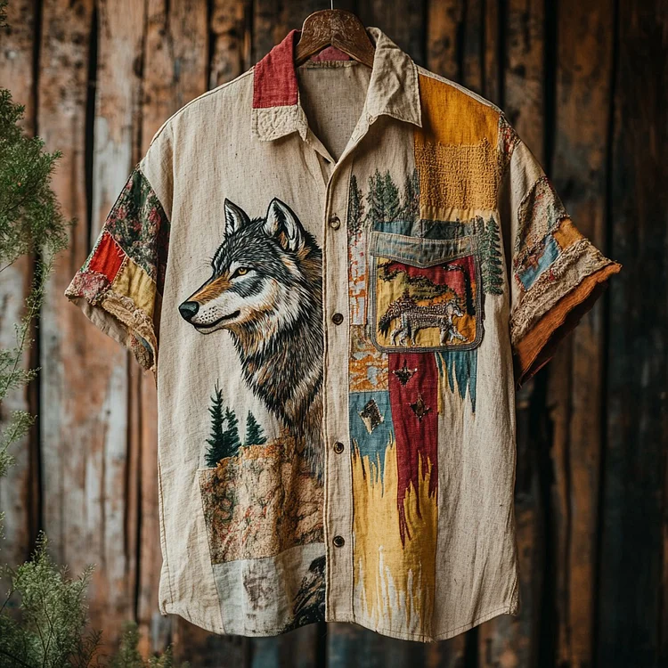 Men's Retro Wolf Patchwork Contrast Color Support Our National Parks Art Linen Casual Shirt