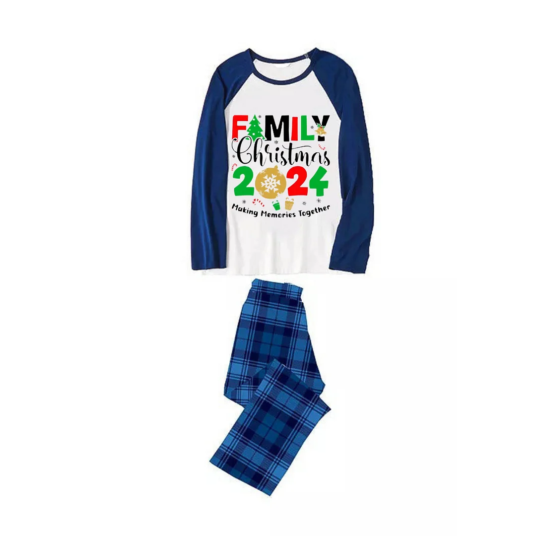 "Family Christmas 2024 Making Memories Together" Text Print Blue & Black Plaid Family Matching Pajamas