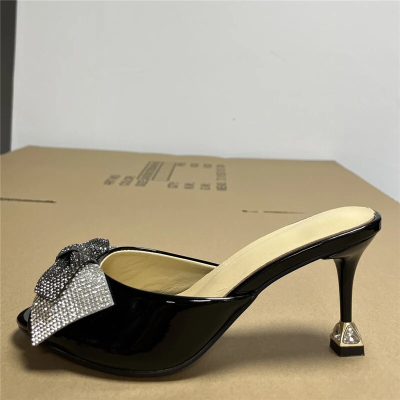 VCSHOES Rhinestone Butterfly-Flower Sandals Women Jeweled Kitten Heel Patent Leather Slingbacks Mules