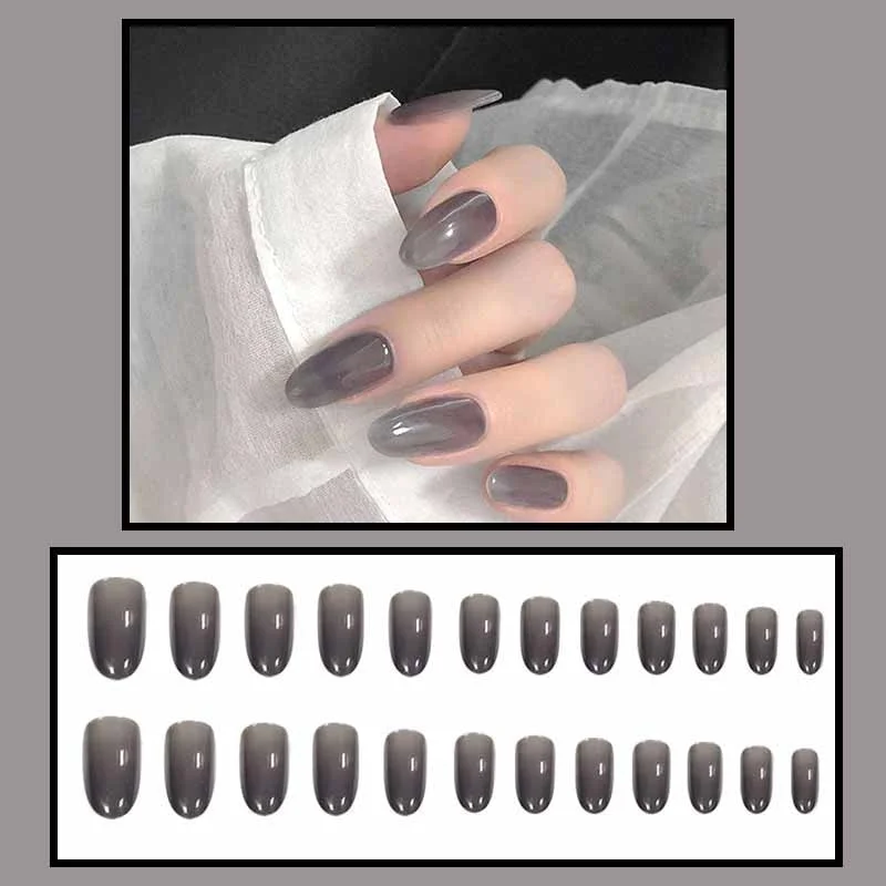 24pcs fake nails french manicure Mid-length  round head jelly black Manicure patch fake nails with glue