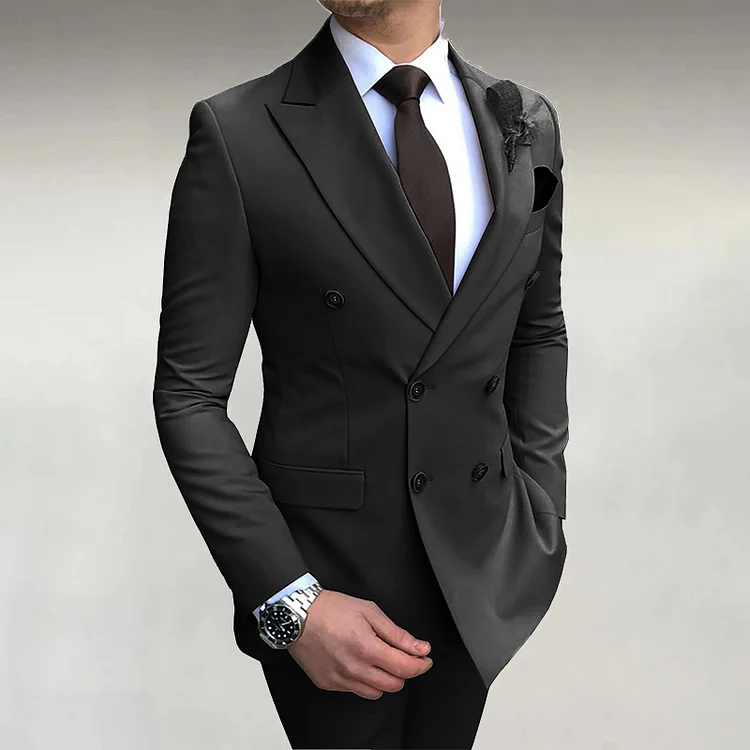 Men's Business Solid Double-Breasted Pocket Lapel Collar Lapel Blazer& Pants 2Pcs Set