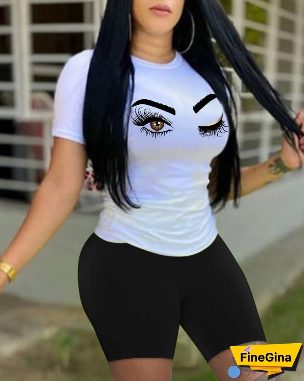 Eye Printed Plain White Blouse & Plain Black Shorts Two Pieces of Set
