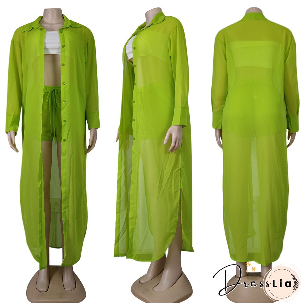 Long Sleeve Chiffon Shirt Dresses+Shorts Two Piece Set