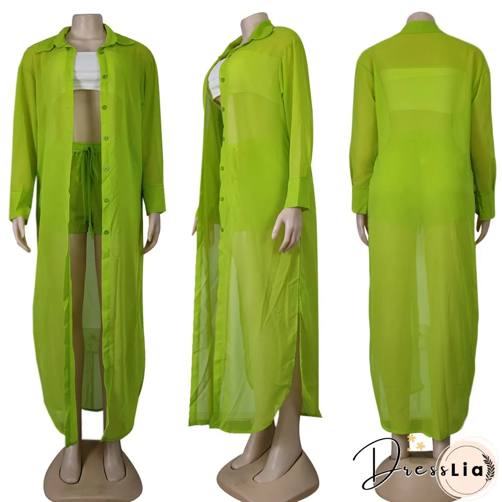 Long Sleeve Chiffon Shirt Dresses+Shorts Two Piece Set