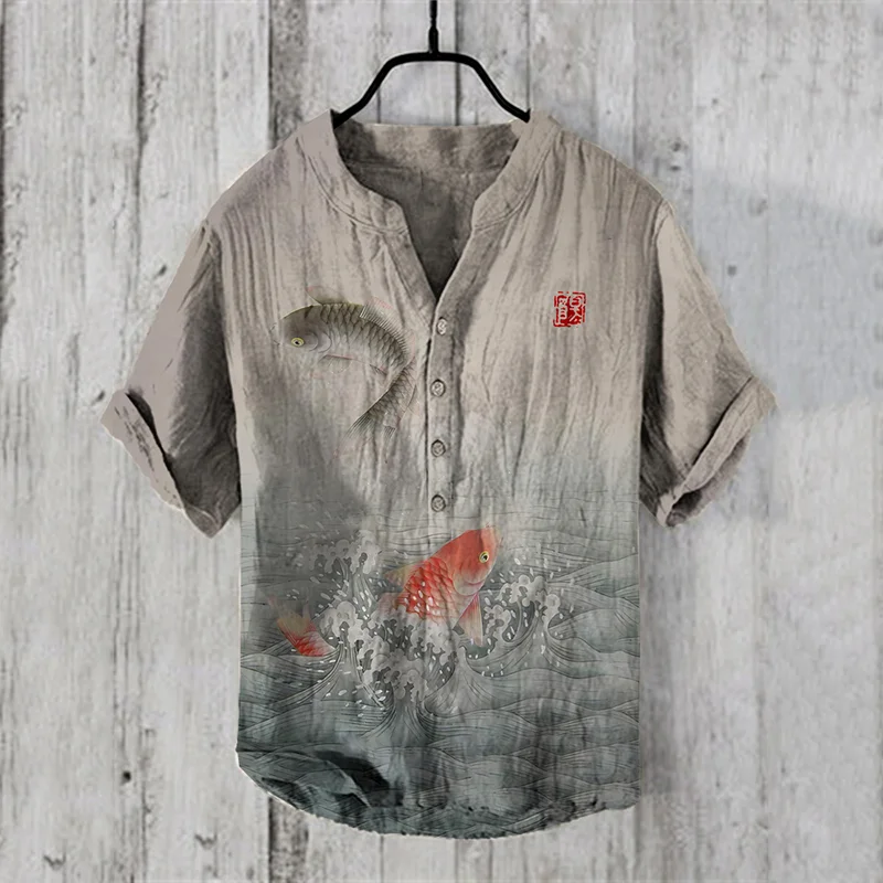 Fish & Waves Japanese Art Linen Blend Shirt