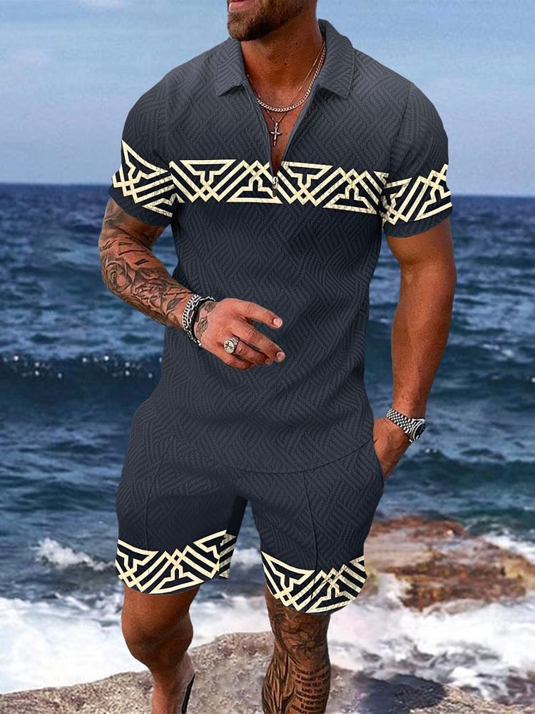 Men's Luxury Geometric Gradient Printing Polo Suit