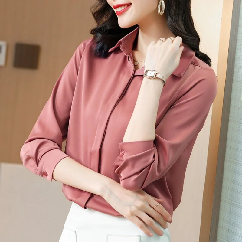 Plus Size Satin Blouse 2021 New Spring Silk Shirt Women Turn Down Collar Loose Office Lady Blouse Long Sleeve Clothes Tops 12793