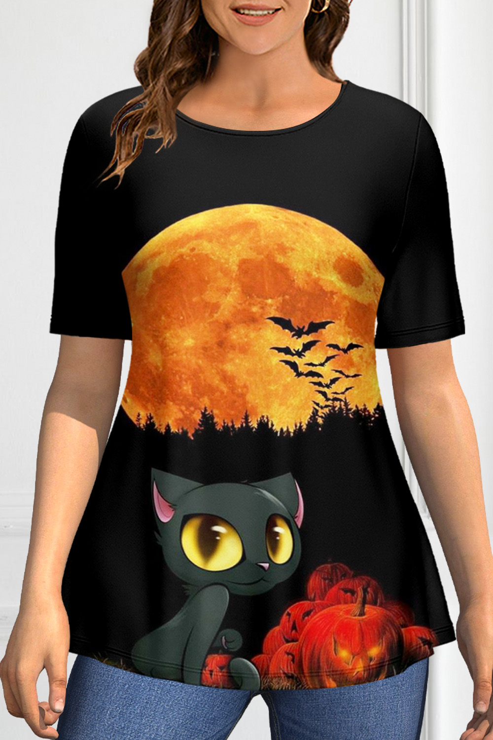 Flycurvy Plus Size Halloween Black Pumpkin Cat Full Moon Bat Print T-Shirt