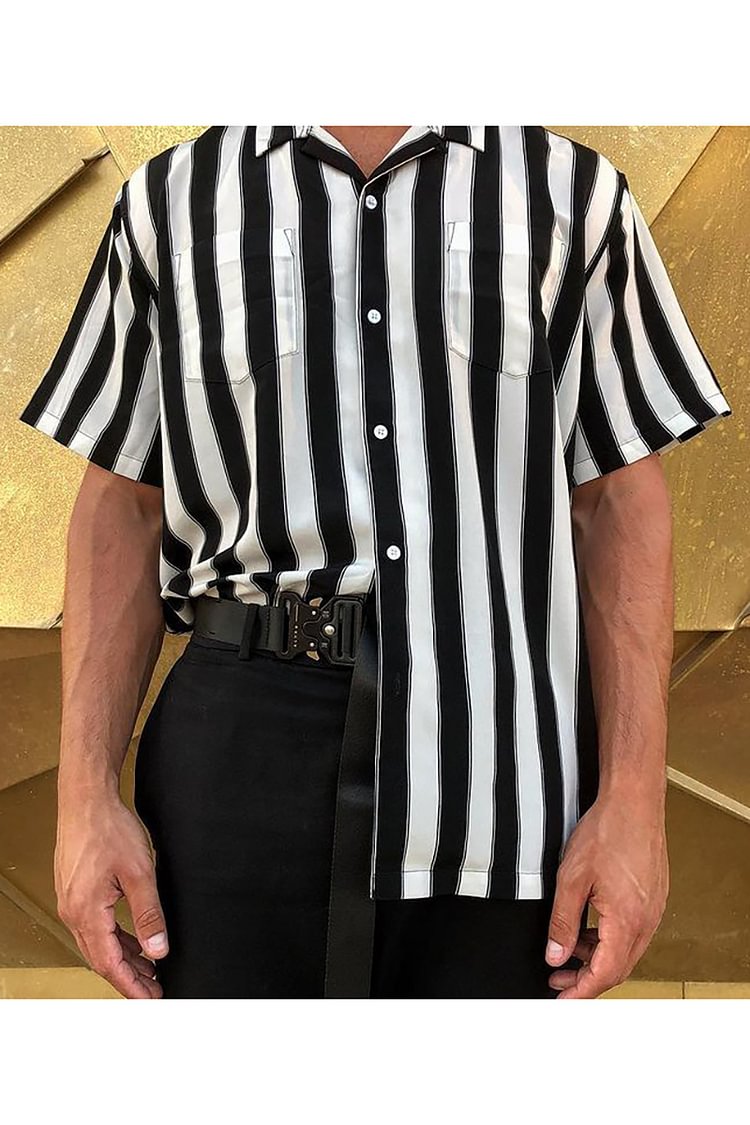 Men's Fashion Zebra-Stripe Lapel Short-Sleeved Loose Shirts
