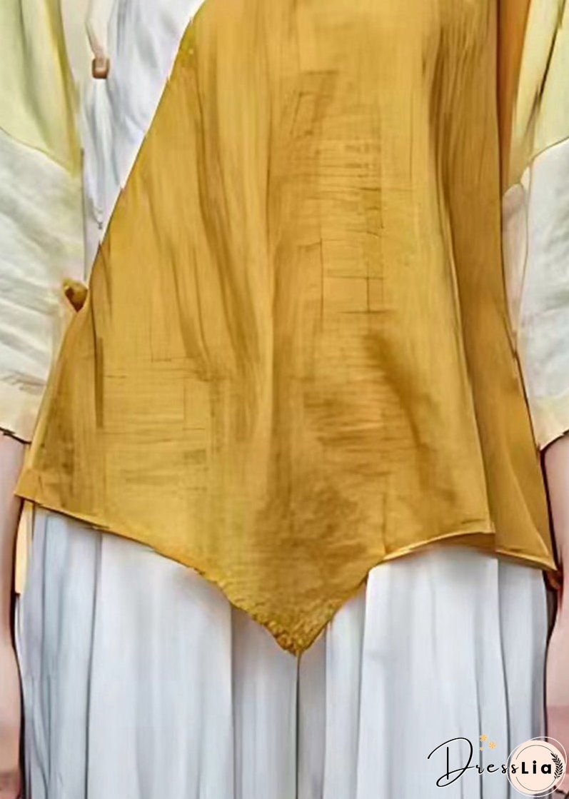 Yellow Patchwork Linen Chinese Style Top Asymmetrical Design Summer