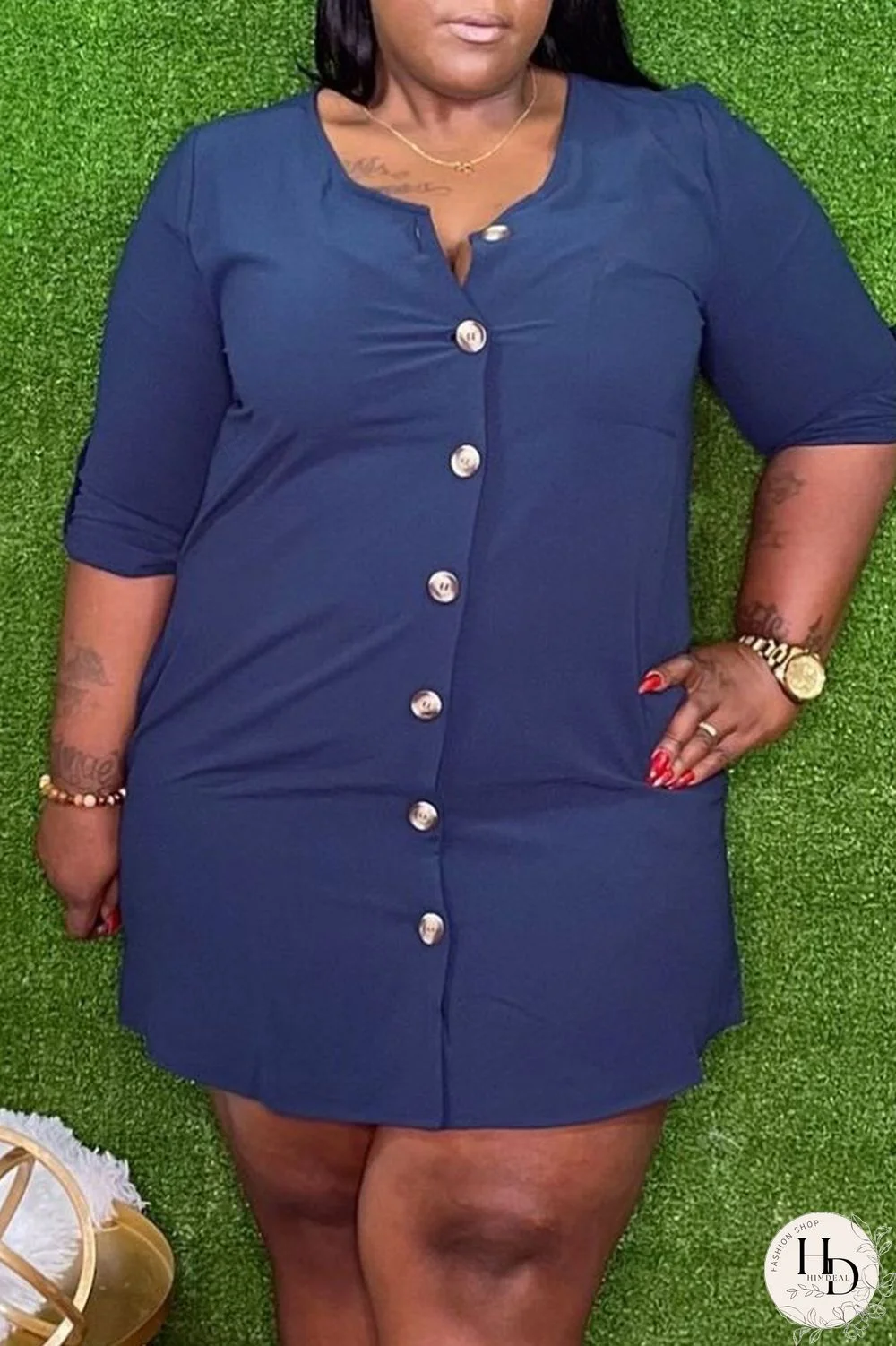 Blue Fashion Casual Solid Basic O Neck Long Sleeve Plus Size Dresses