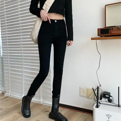 Jeans Women Korean Style Casual All-match Female Students High Waisted Spring Ulzzang 4 Colors Mujer Pure Color Pocket Simple BF