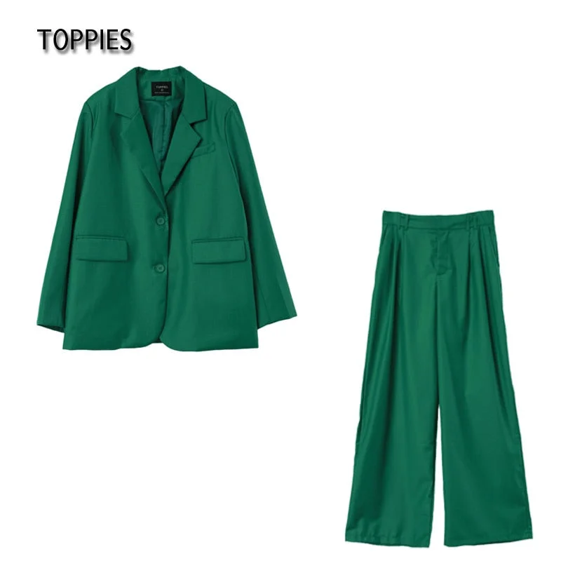 Toppies 2021 New Women Two-piece Set Green Suit Set Office Lady Single Button Blazer high waist Long pants Suits