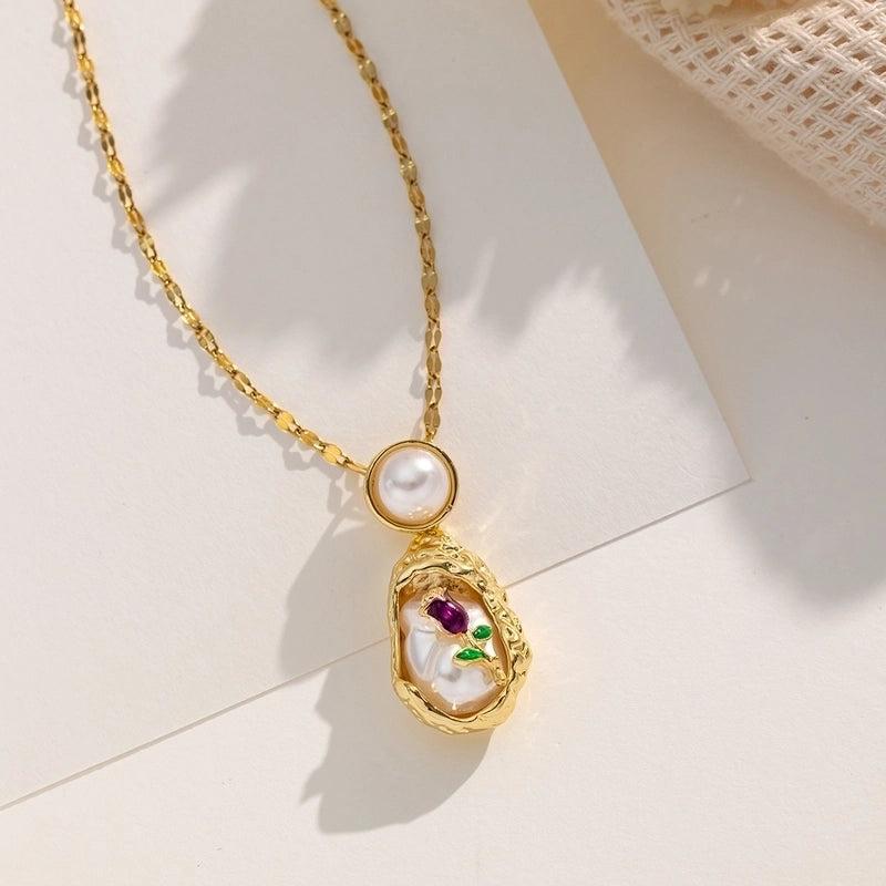 Elegant Glam Irregular Flower 316 Stainless Steel  Copper Pearl Inlay Pendant Necklace