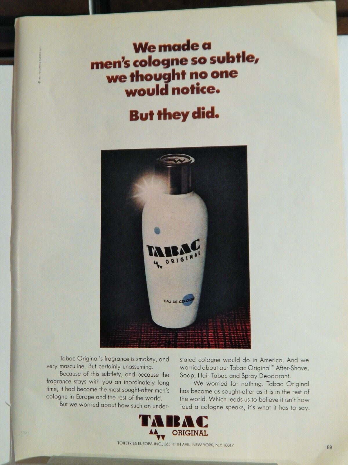 TABAC ORIGINAL MENS EAU DE COLOGNE 1971 VINTAGE Photo Poster painting AD, RARE SOUGHT EPHEMERA