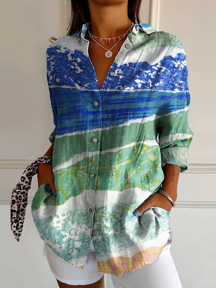 Women's Vintage Color Block Beach Art Print Casual Cotton Shirt