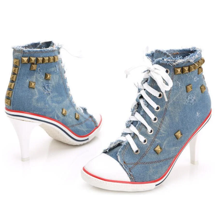 Comemore Women Canvas Shoes Denim High Heels Rivets Shoes Fashion Shoe Spring Sneakers Women's Pumps Black Blue Autumn New 2023