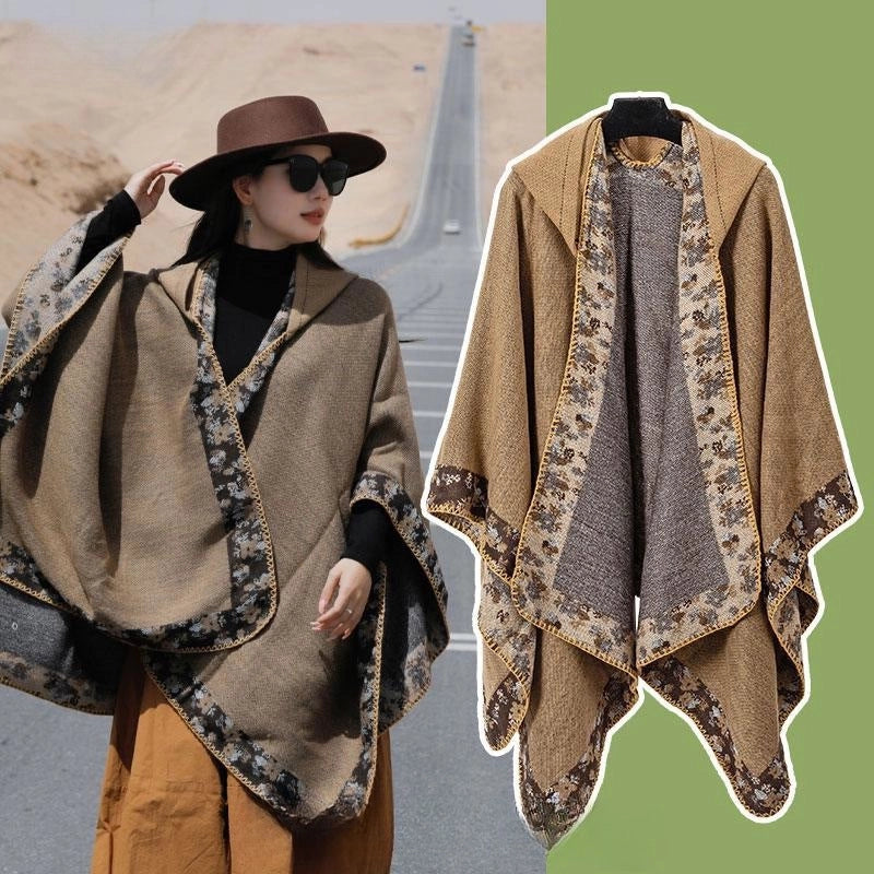 Ethnic Style Hooded Cape Women’s Yunnan Tibet Western Sichuan Grassland Bohemia Travel Wear Scarf Coat