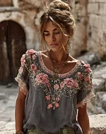 Women's Vintage Floral Embroidered Art Flowy Linen Blend Short Sleeve Casual Tops - Image 4