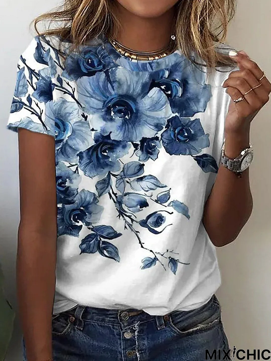 Casual Floral Crew Neck Short Sleeve T-Shirt