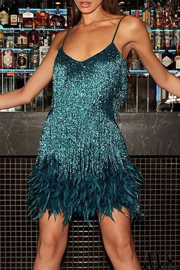 MidiSono - High-end temperament tassel feather stitching ladies light luxury dress