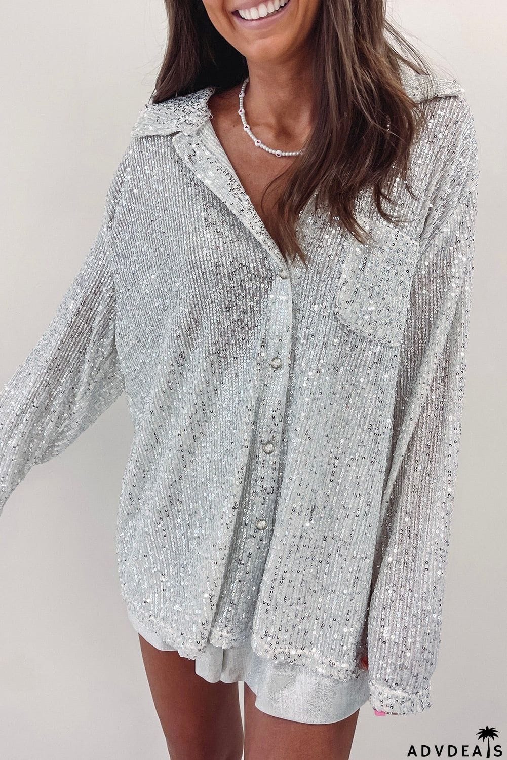 Silver Sequin Pocketed Loose Shirt