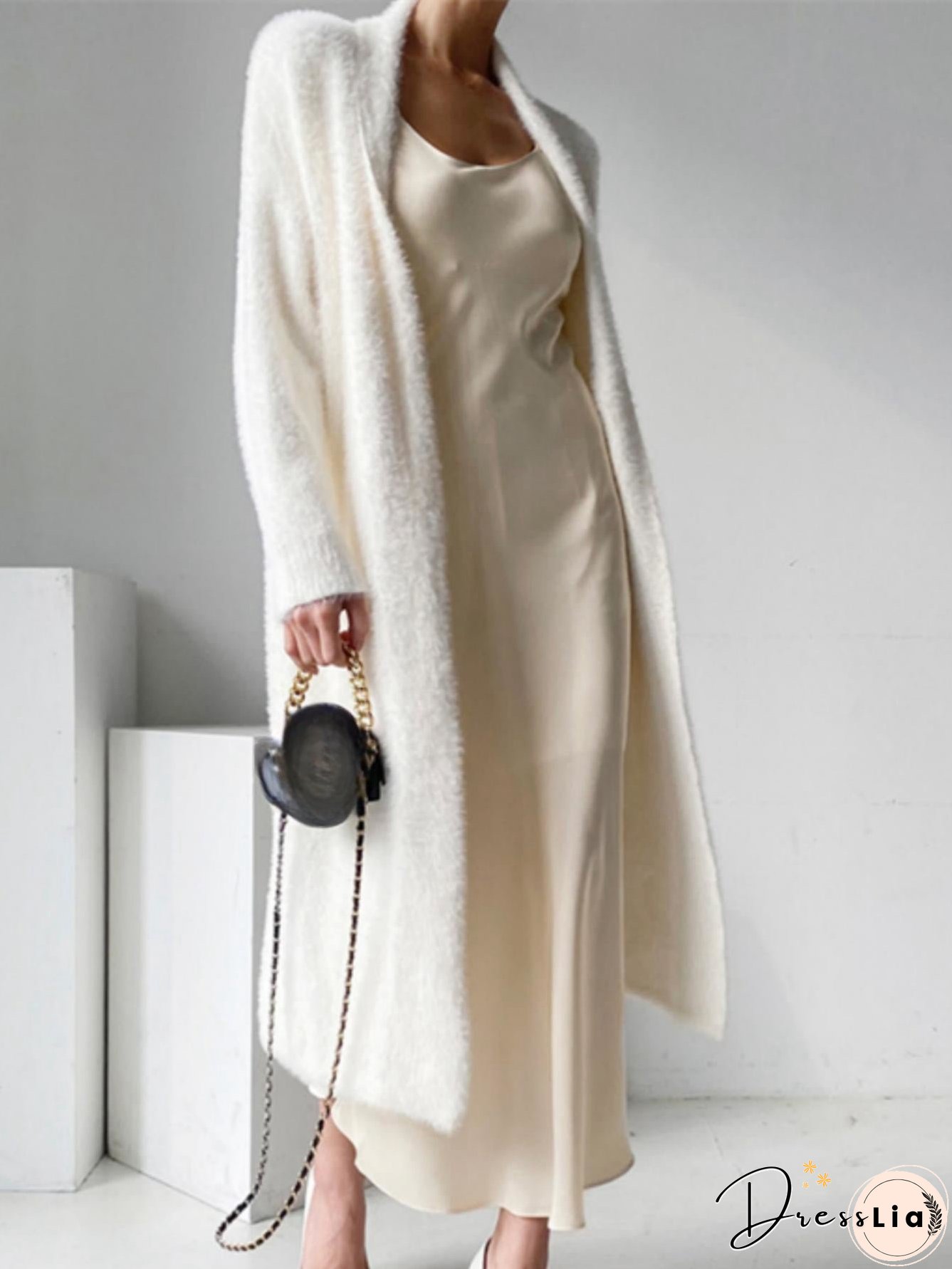 Long Length Fuzzy Knit Cardigan, Casual Open Front Long Sleeve Sweater, Women's Clothing