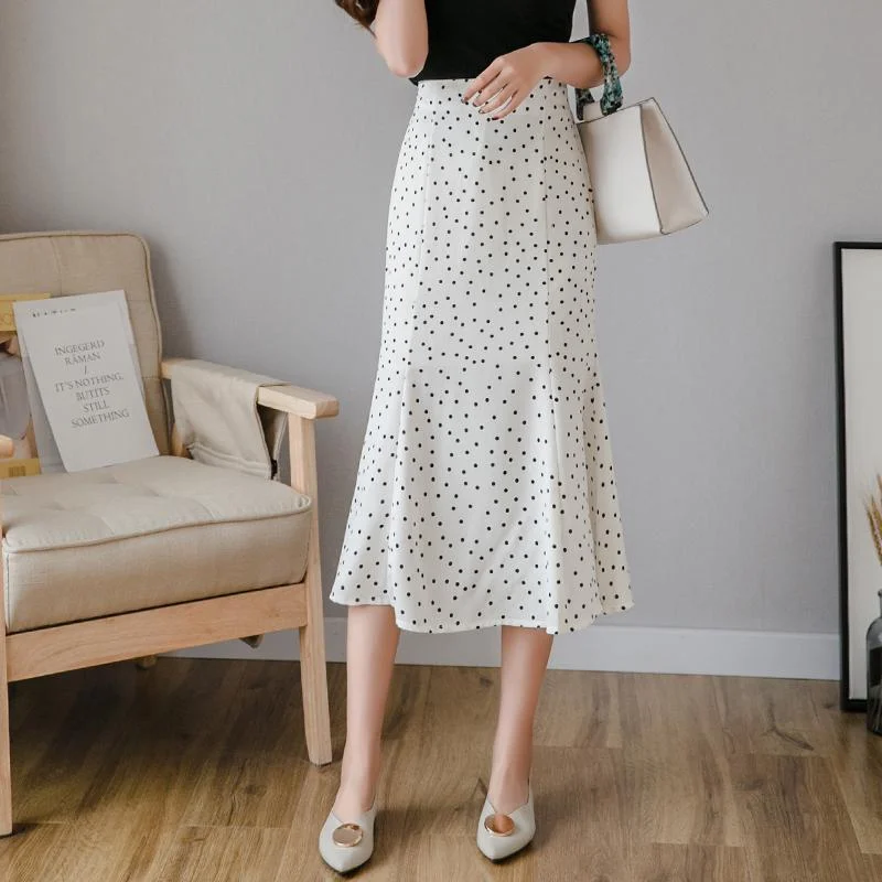 FTLZZ New Women Chiffon Polka Dot Medium Mermaid Skirt Casual Spring Summer Female High Waist Black White Skirts