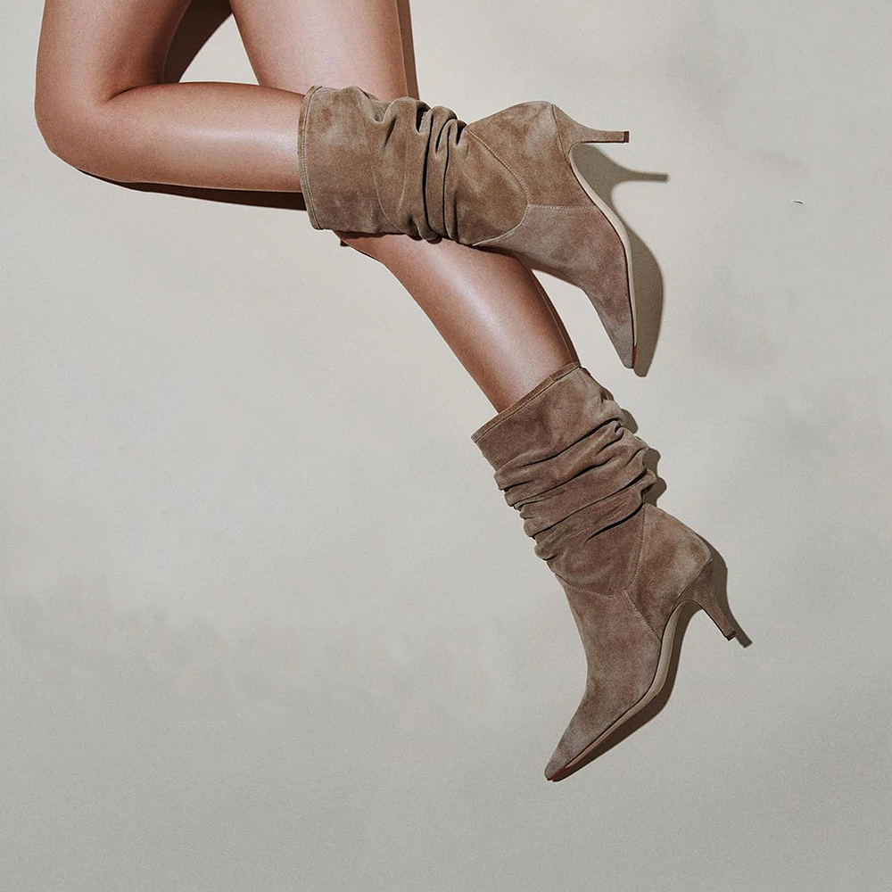 Beige Faux Suede Closed Toe Stiletto Heel Mid-Calf Slouch Boots Nicepairs