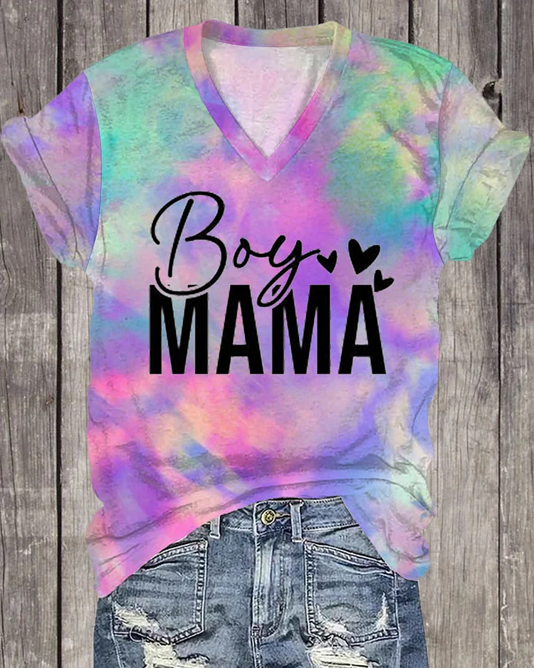 Boy Mama Ombre Print V Neck Short Sleeve T-shirt