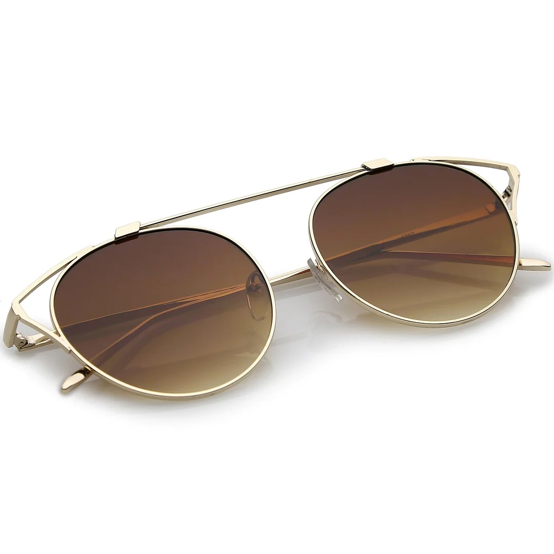 Oversize Open Metal Cat Eye Glasses With Crossbar Round Tinted Flat Lens 55mm