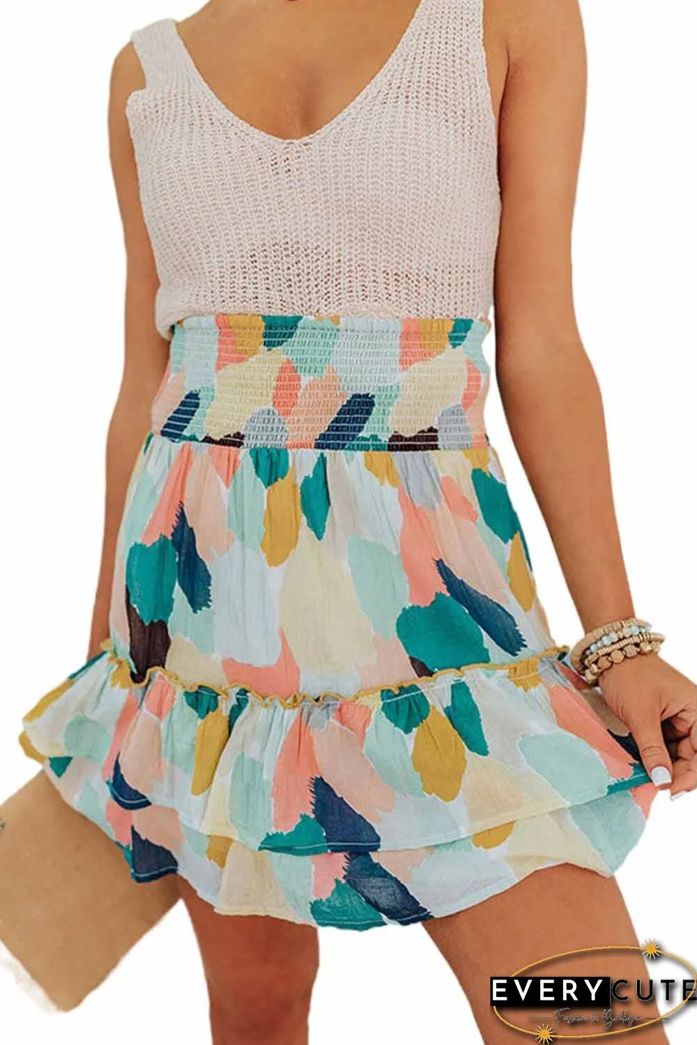 Green Spotted Print Smocked High Waist Ruffle Mini Skirt