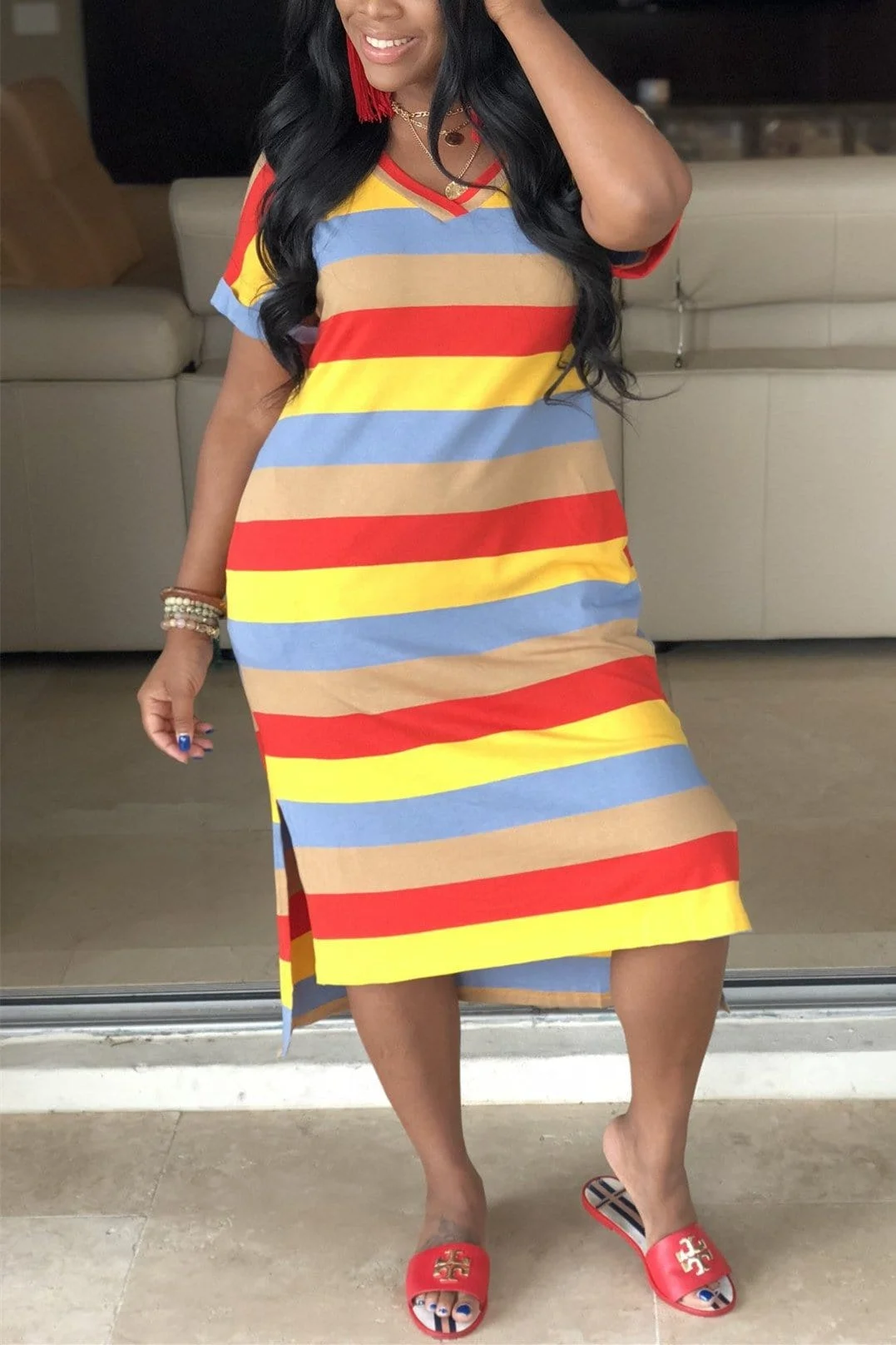 Fashion Rainbow Stripe Open-Side Dress