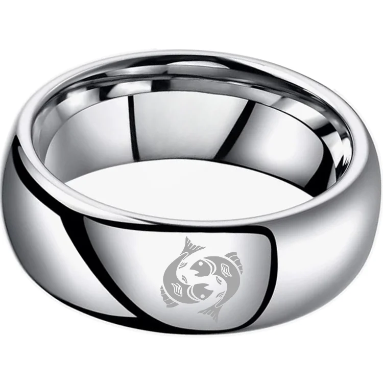 4MM 6MM 8MM Sliver Pisces Tungsten Carbide Rings Prints Laser Design Domed Top Tungsten Wedding Bands 
