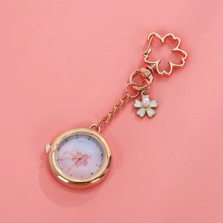 JOURNALSAY Cute Cartoon Cat Sakura Pocket Watch Keychain Pendant