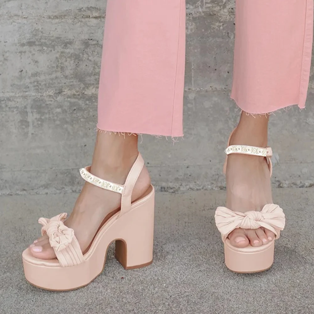 Beige Platform Sandals Chunky Open Toe Slingback Heels